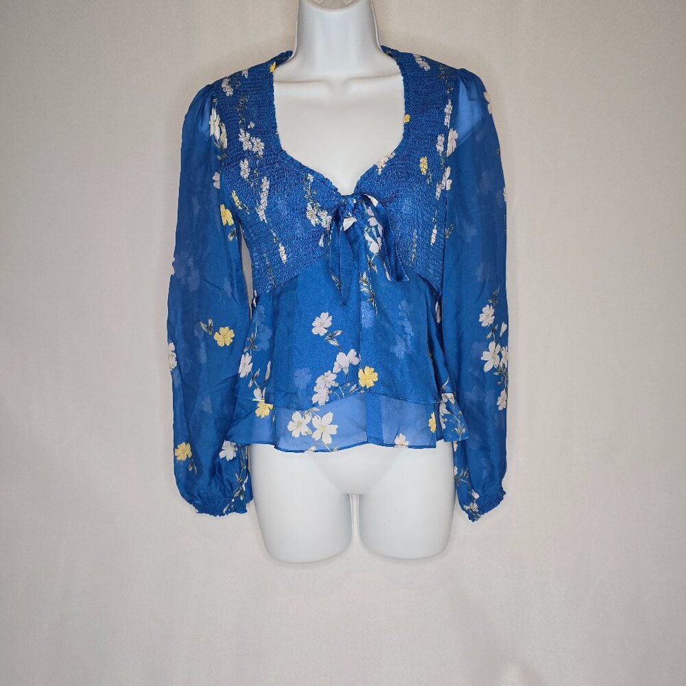 INTERMIX Lucia Smocked Top in Blue Silk, Size 6